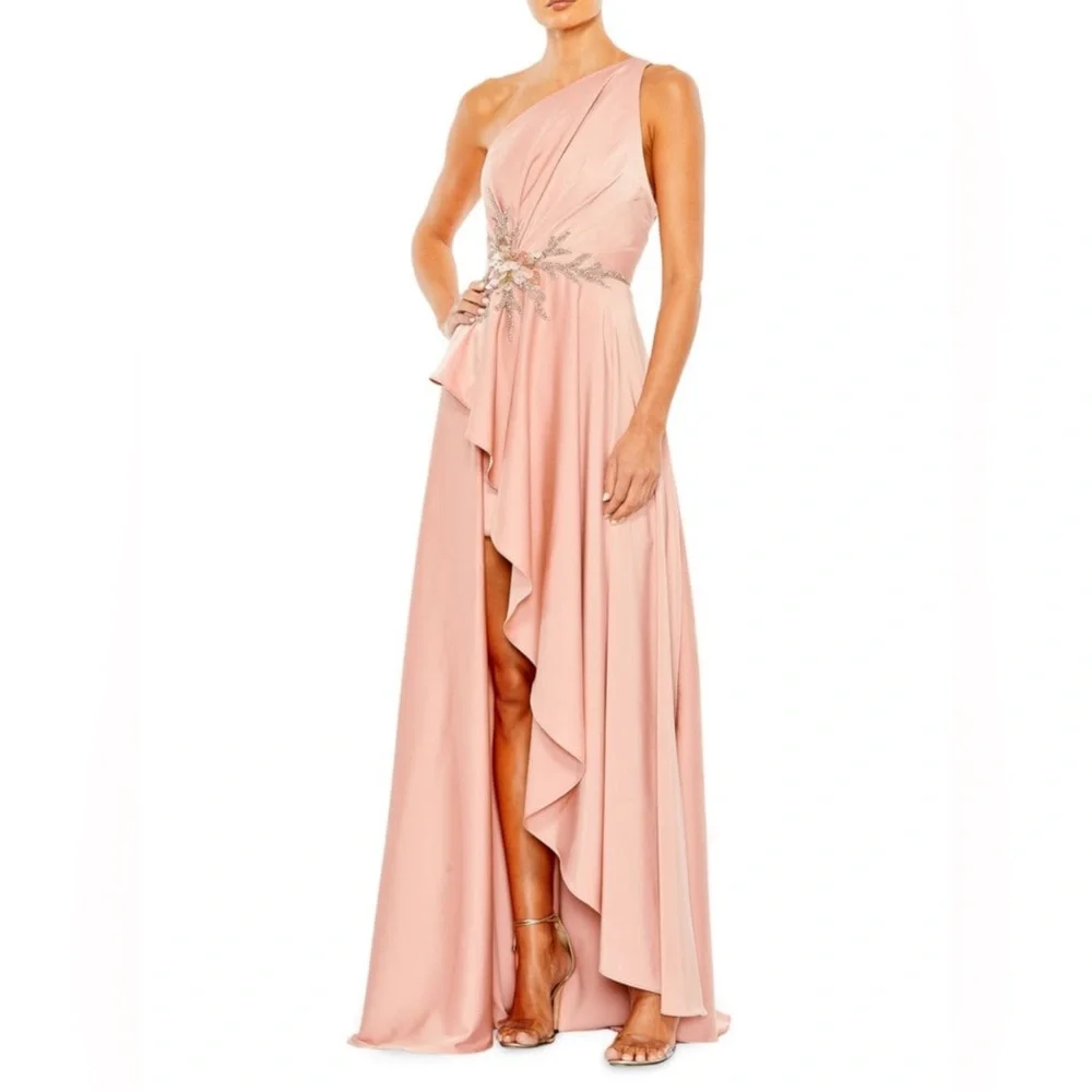 Mac Duggal Peach Pink Embellished Beaded Satin One-Shoulder Gown Prom Dress - Picture 1 of 7